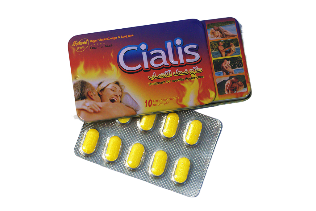 Metalna tabla Biljni Cialis pored blistera sa žutim tabletama