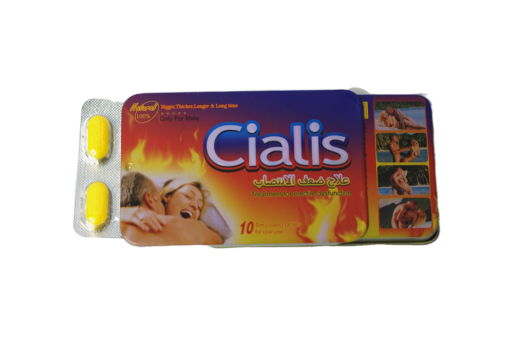 Metalna tabla Biljni Cialis pored blistera sa dve žute tablete