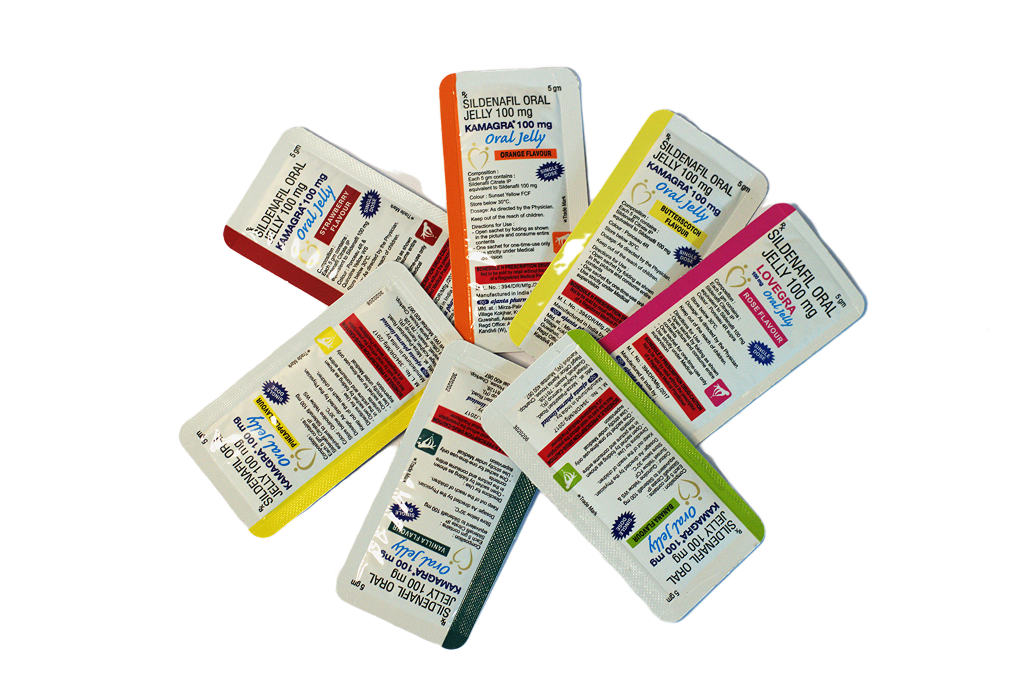 Sedam kesica Kamagra Oral Jelly 100 mg raspoređenih u lepezu, različiti ukusi