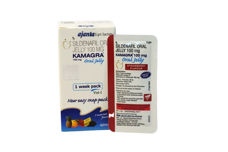 Kutija Kamagra Oral Jelly 100 mg i kesica ukusa jagoda, sildenafil oralni gel