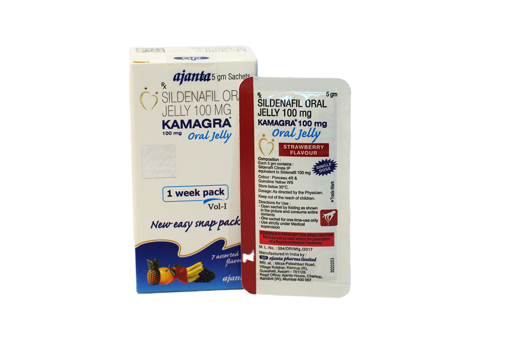 Kutija Kamagra Oral Jelly 100 mg i kesica ukusa jagoda, sildenafil oralni gel