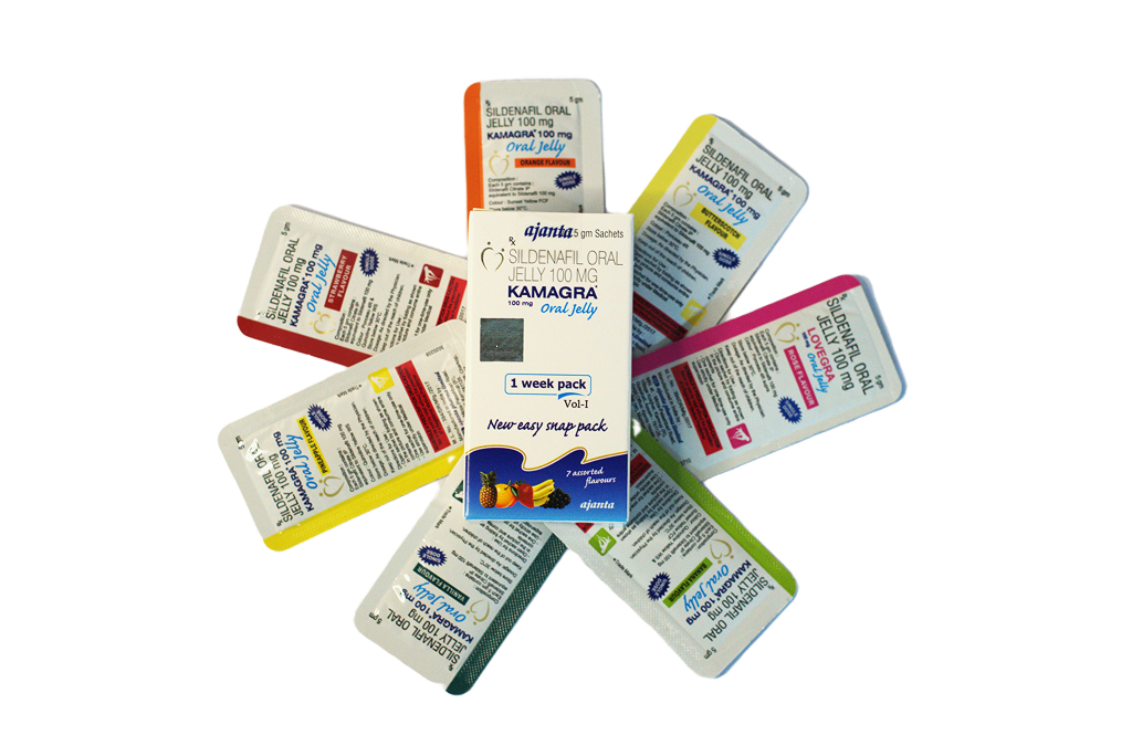 Kutija Kamagra Oral Jelly 100 mg u sredini, okružena kesicama raznih ukusa