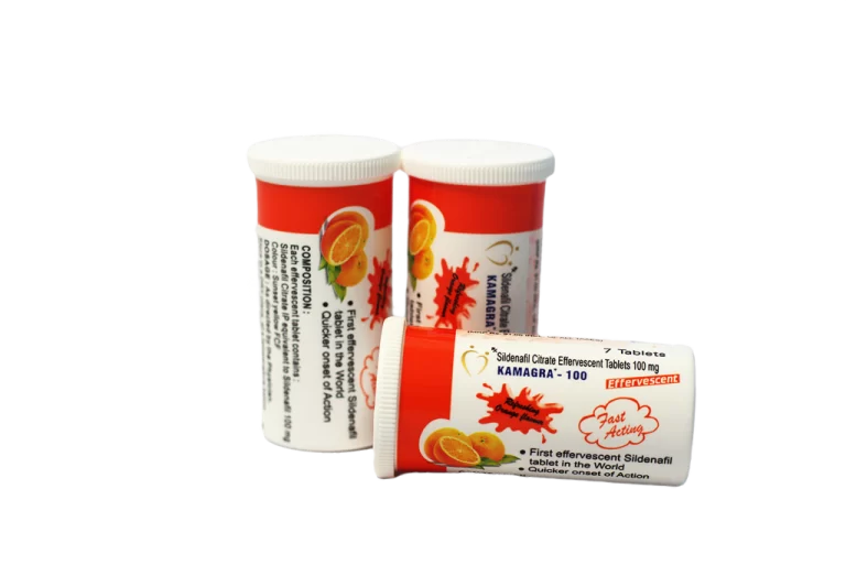 Tri bočice Kamagra-100 šumećih tableta 100 mg ukusa pomorandže, jedna položena