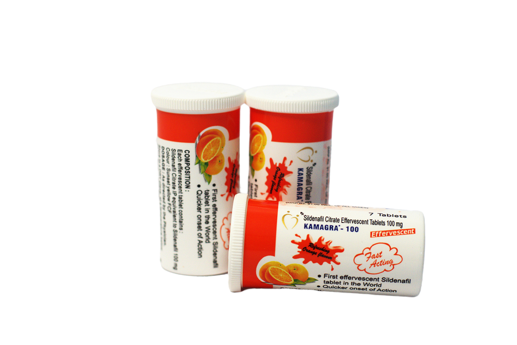 Tri bočice Kamagra-100 šumećih tableta 100 mg ukusa pomorandže, jedna položena