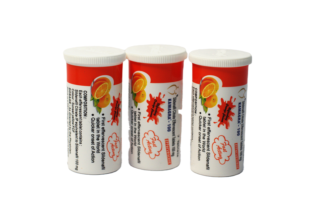 Tri uspravne bočice Kamagra-100 šumećih tableta 100 mg ukusa pomorandže
