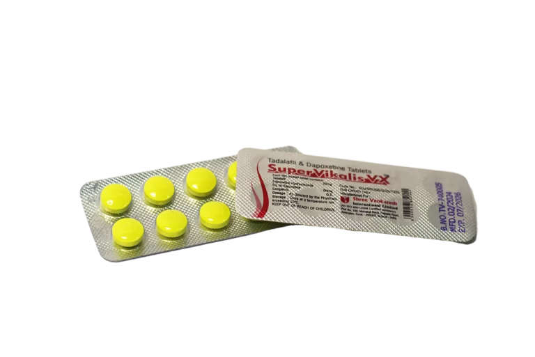 Dva blistera Super Vikalis VX 80mg, žute tablete i poleđina sa sastavom tadalafil i dapoksetin