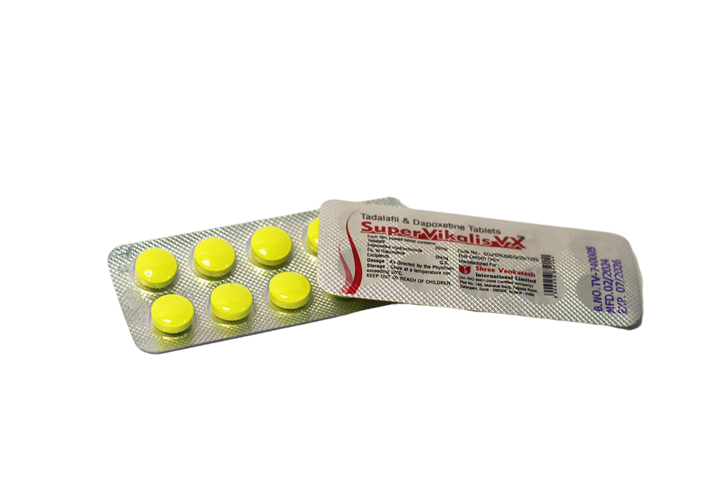 Dva blistera Super Vikalis VX 80mg, žute tablete i poleđina sa sastavom tadalafil i dapoksetin