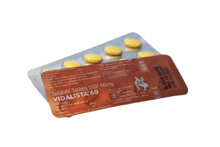 Blister Vidalista 60 mg, žute tablete i narandžasta poleđina sa sastavom tadalafil 60 mg
