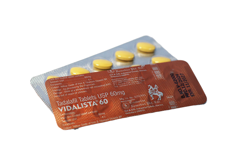 Blister Vidalista 60 mg, žute tablete i narandžasta poleđina sa sastavom tadalafil 60 mg