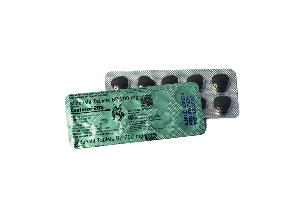 Blister Cenforce 200 mg sa crnim tabletama i zelenom poleđinom sa sastavom