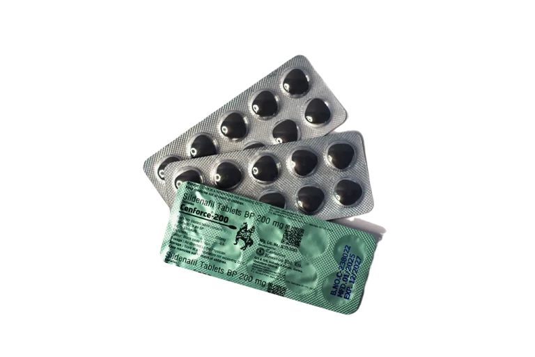 Dva blistera Cenforce 200 sa crnim tabletama i poleđina sa deklaracijom