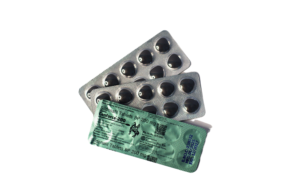 Dva blistera Cenforce 200 sa crnim tabletama i poleđina sa deklaracijom
