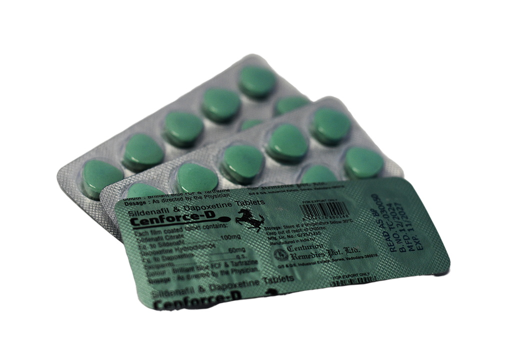 Dva blistera Cenforce-D sa zelenim tabletama, sildenafil 100 mg i dapoksetin 60 mg