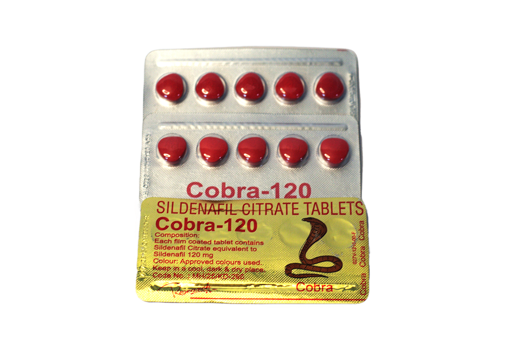 Blister Cobra 120 sa deset crvenih tableta iznad zlatne foil deklaracije