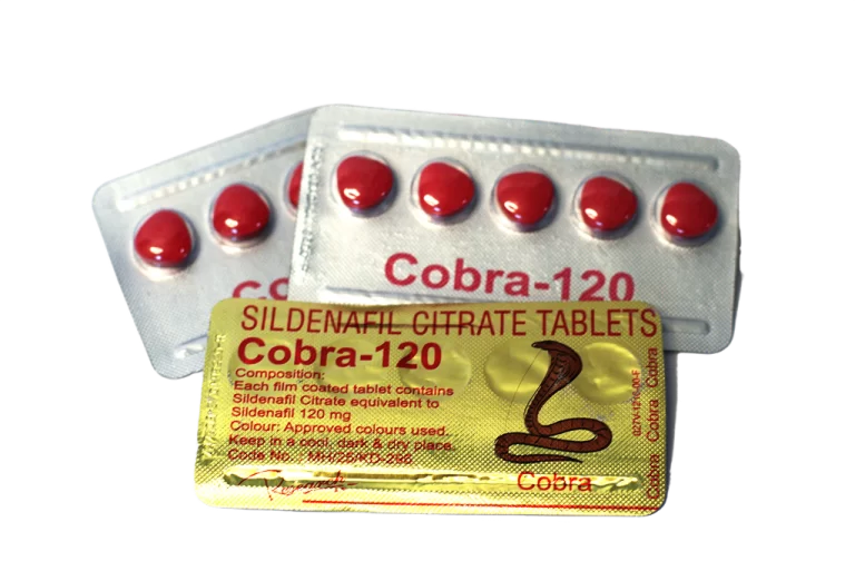 Dva blistera Cobra 120 sa crvenim tabletama i zlatna poleđina sa deklaracijom