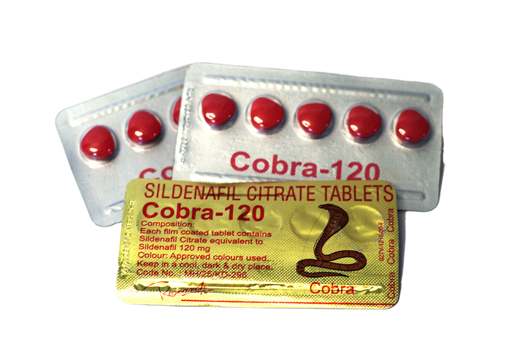 Dva blistera Cobra 120 sa crvenim tabletama i zlatna poleđina sa deklaracijom