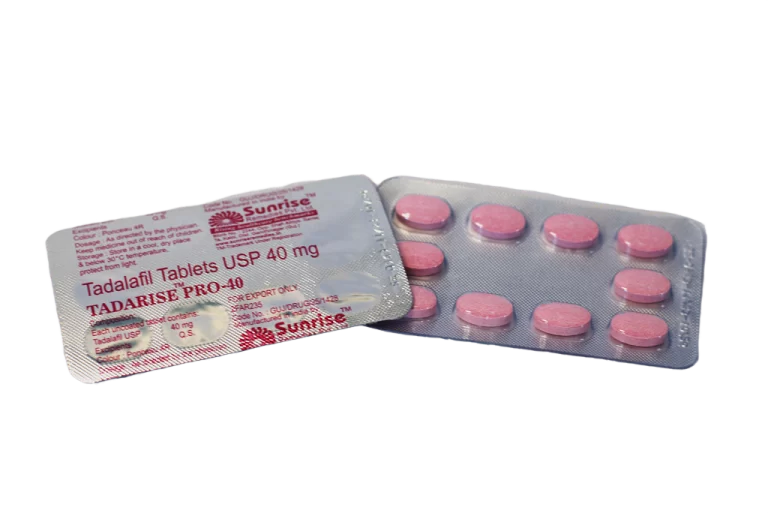 Blister Tadarise Pro 40 sa ružičastim tabletama i poleđina sa deklaracijom tadalafil 40 mg