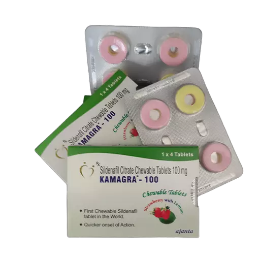 Kutija Kamagra Bombone 100 mg ispred blistera sa ružičastim i žutim tabletama