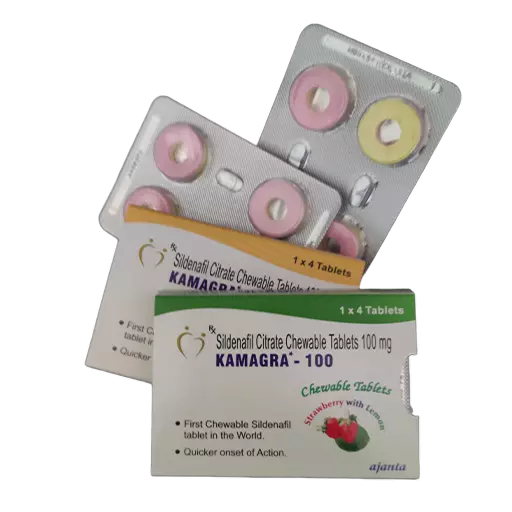 Kutija Kamagra Bombone 100 mg i otvoreni blisteri sa tabletama za žvakanje