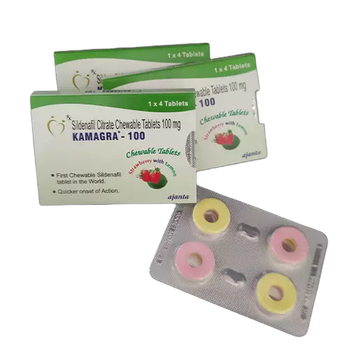 Kutije Kamagra Bombone 100 mg i blister ružičastih i žutih tableta za žvakanje