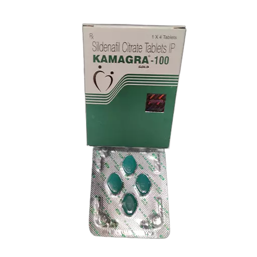 Kutija Kamagra Gold 100 mg i blister sa plavo-zelenim tabletama