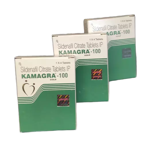 Tri kutije Kamagra Gold 100 mg u nizu, belo-zeleno pakovanje