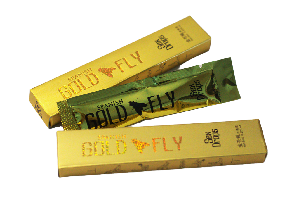 Dve zlatne kutije Spanish Gold Fly Sex Drops i kesica između njih