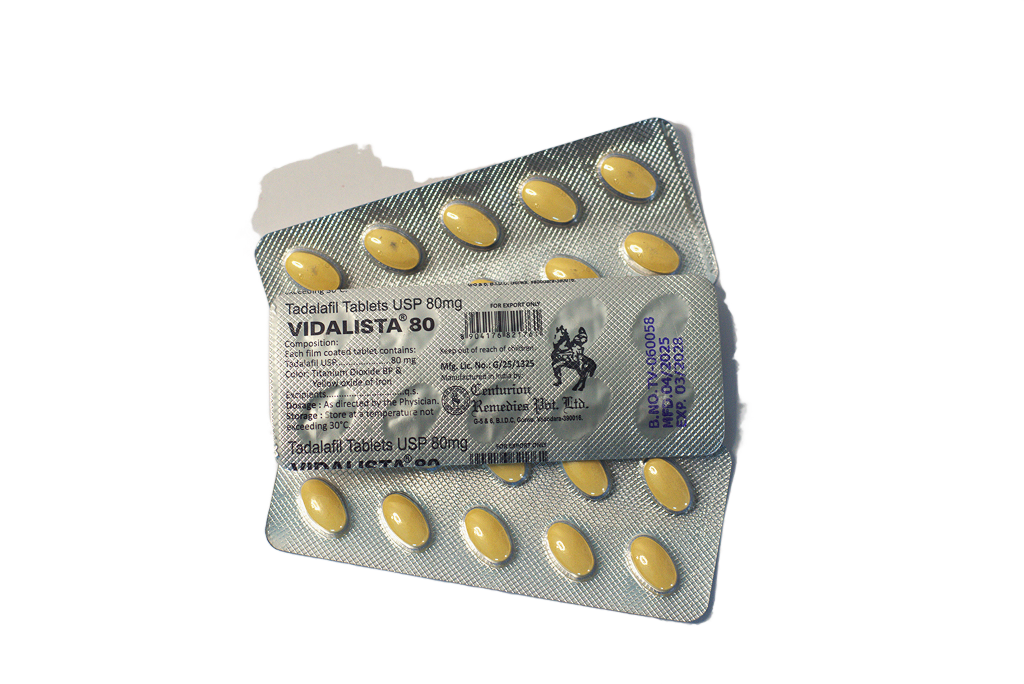 Blister Vidalista 80, žute tablete i srebrna poleđina sa sastavom tadalafil 80 mg