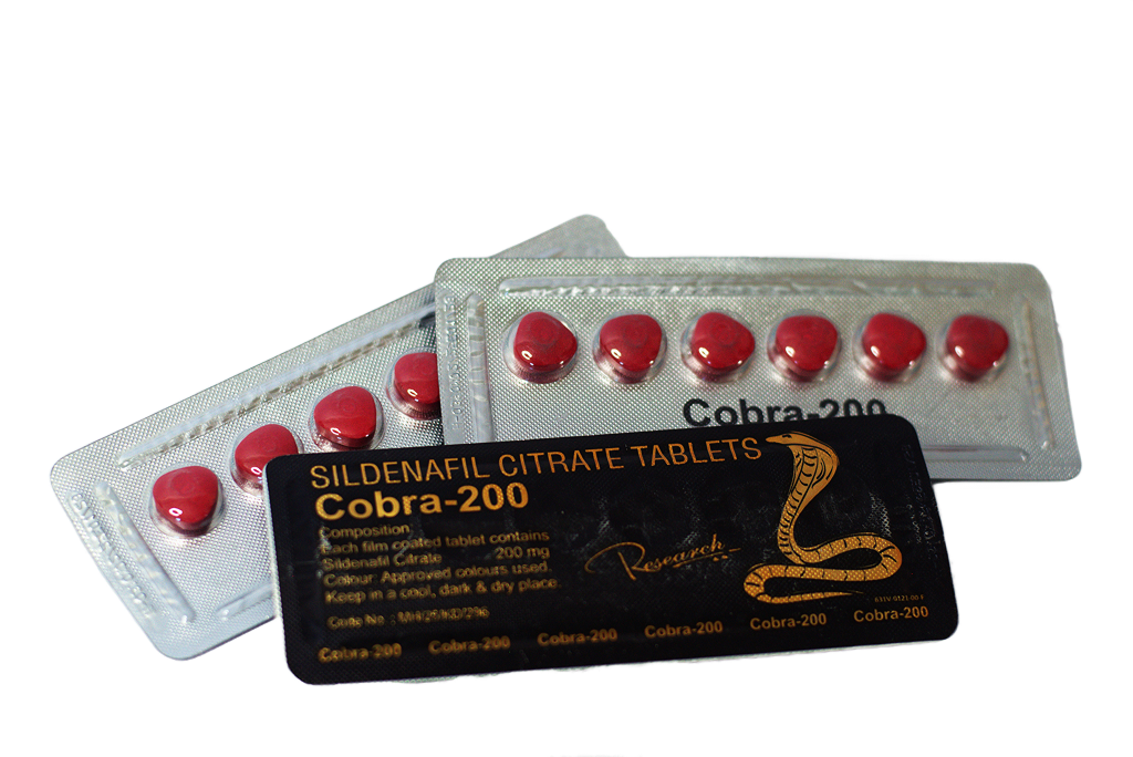 Dva blistera Cobra 200 sa crvenim tabletama i crna foil deklaracija sildenafil 200 mg