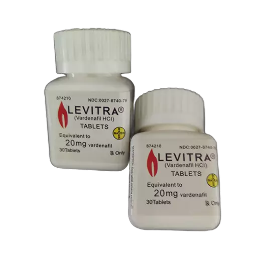 Dve bočice Levitra 20 mg, 30 tableta vardenafil, bela pakovanja sa crvenim logom