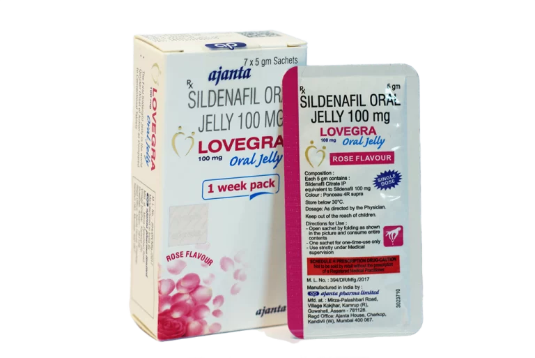 Kutija Lovegra Oral Jelly 100 mg Rose Flavour i kesica sildenafil Ajanta