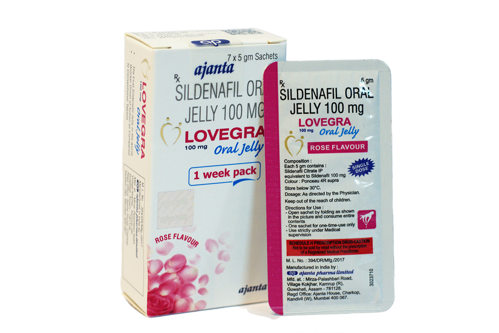 Kutija Lovegra Oral Jelly 100 mg Rose Flavour i kesica sildenafil Ajanta