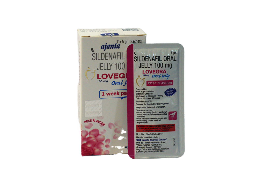 Kutija Lovegra 100 mg Oral Jelly i kesica Sildenafil Oral Jelly Rose Flavour