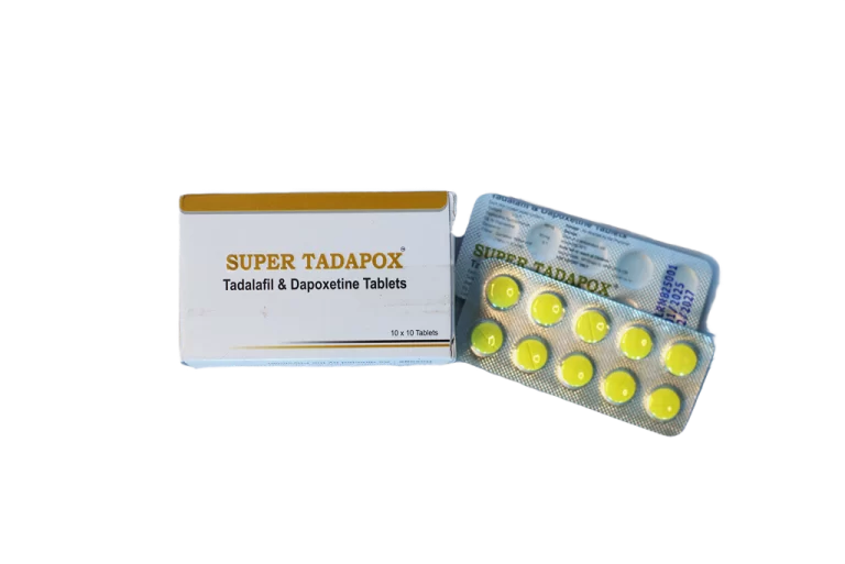 Kutija Super Tadapox i blister sa žutim tabletama, tadalafil i dapoksetin