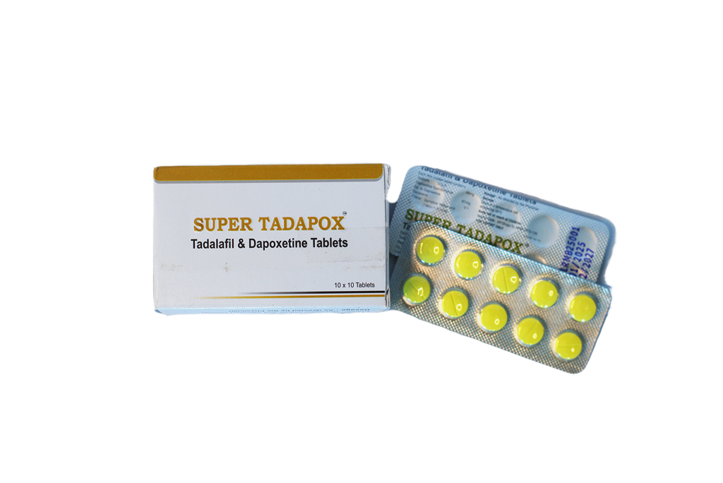 Kutija Super Tadapox i blister sa žutim tabletama, tadalafil i dapoksetin