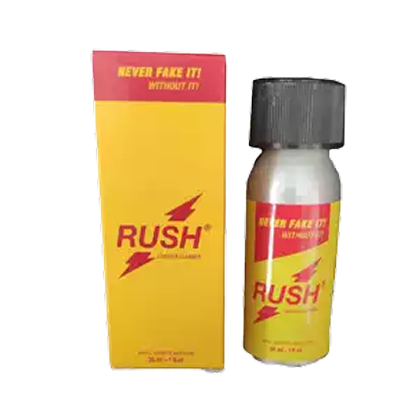 Žuta kutija Rush Leather Cleaner 30 ml i srebrna bočica sa crnim čepom